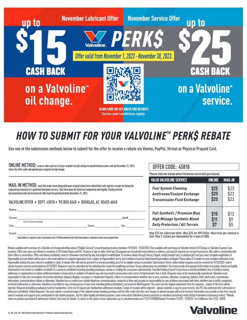 Valvoline Rebate Nov 2023 CarX